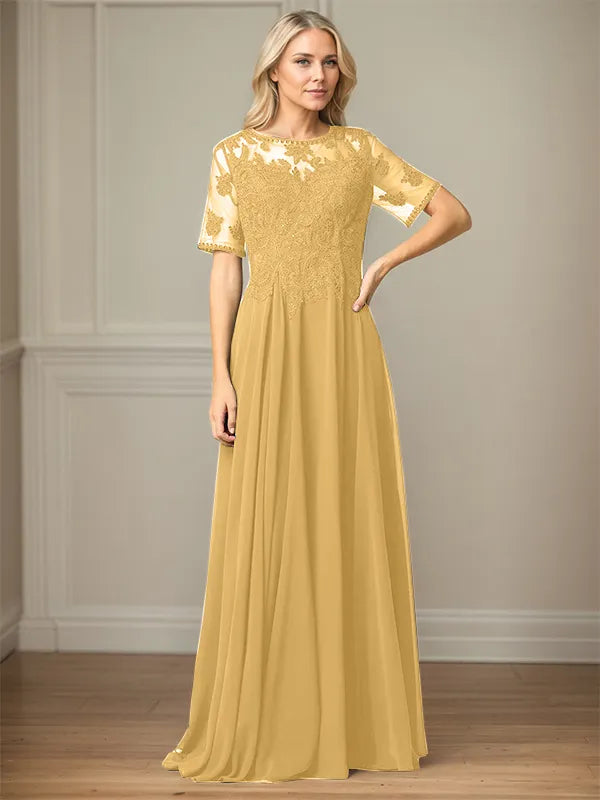 A Line Chiffon Scoop Neck Short Sleeves Floor Length Mother of the Bride Dresses