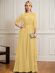 A-line Scoop Illusion Floor-Length Lace Chiffon Mother of the Bride Dress With Pleated