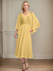 A-line V-Neck Tea-Length Chiffon Lace Mother of the Bride Dress With Beading Sequins