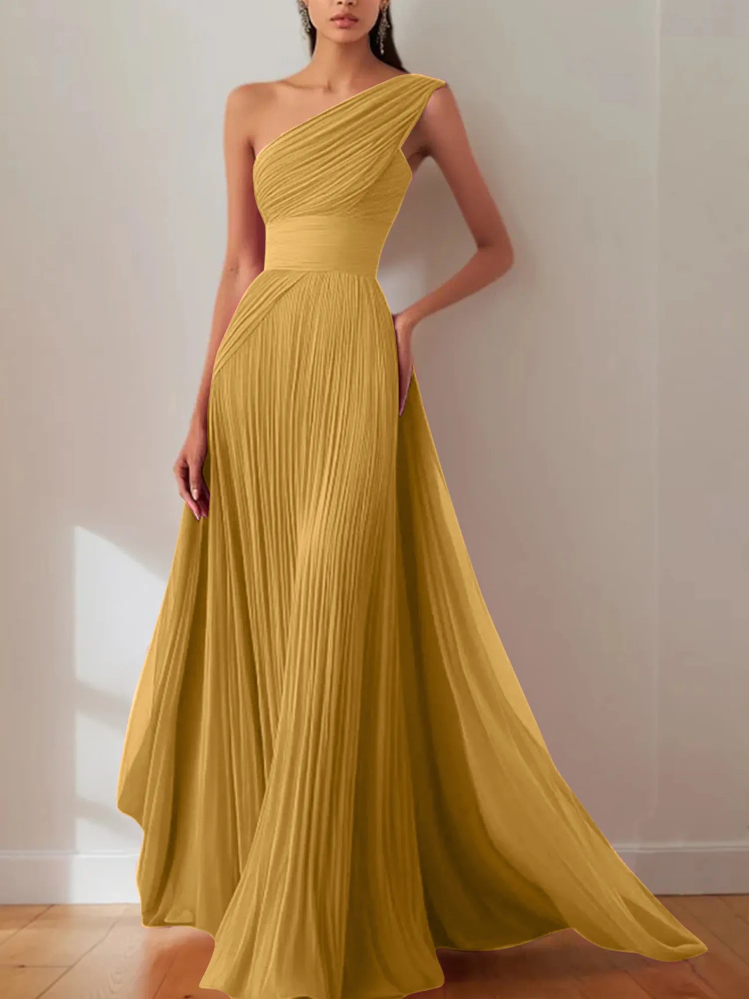 Prom Formal Pleated Dress Rose Color One-Shoulder Maxi Dress