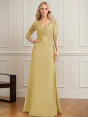 A-line V-Neck Floor-Length Lace Chiffon Mother of the Bride Dress With Pleated Sequins