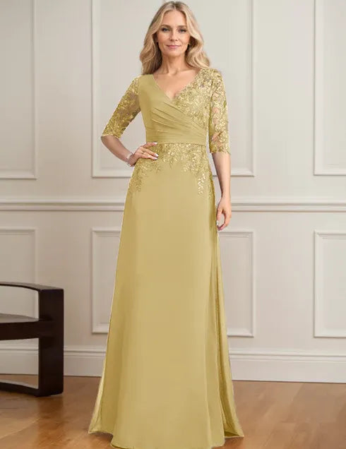 Robe de mère de la mariée trapèze, col en V, longueur au sol, en mousseline de soie et dentelle, avec sequins plissés 