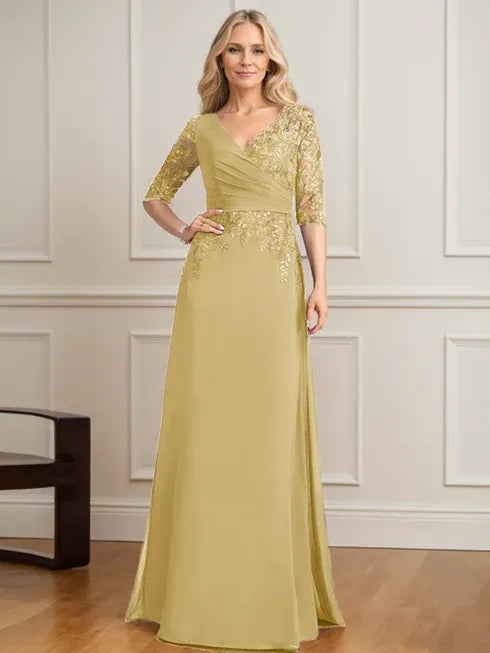 Robe de mère de la mariée trapèze, col en V, longueur au sol, en mousseline de soie et dentelle, avec sequins plissés 