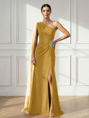 Formal Evening Dress Burgundy One Shoulder Slit Maxi Dress Gown