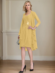 Sheath/Column Sweetheart Knee-Length Chiffon Mother of the Bride Dress With Beading Appliques Lace Sequins Pleated