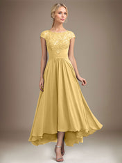A-line Scoop Illusion Asymmetrical Lace Chiffon Mother of the Bride Dress With Pleated