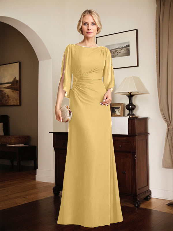 Column Scoop Floor-Length Chiffon Mother of the Bride Dress With Pleated Beading