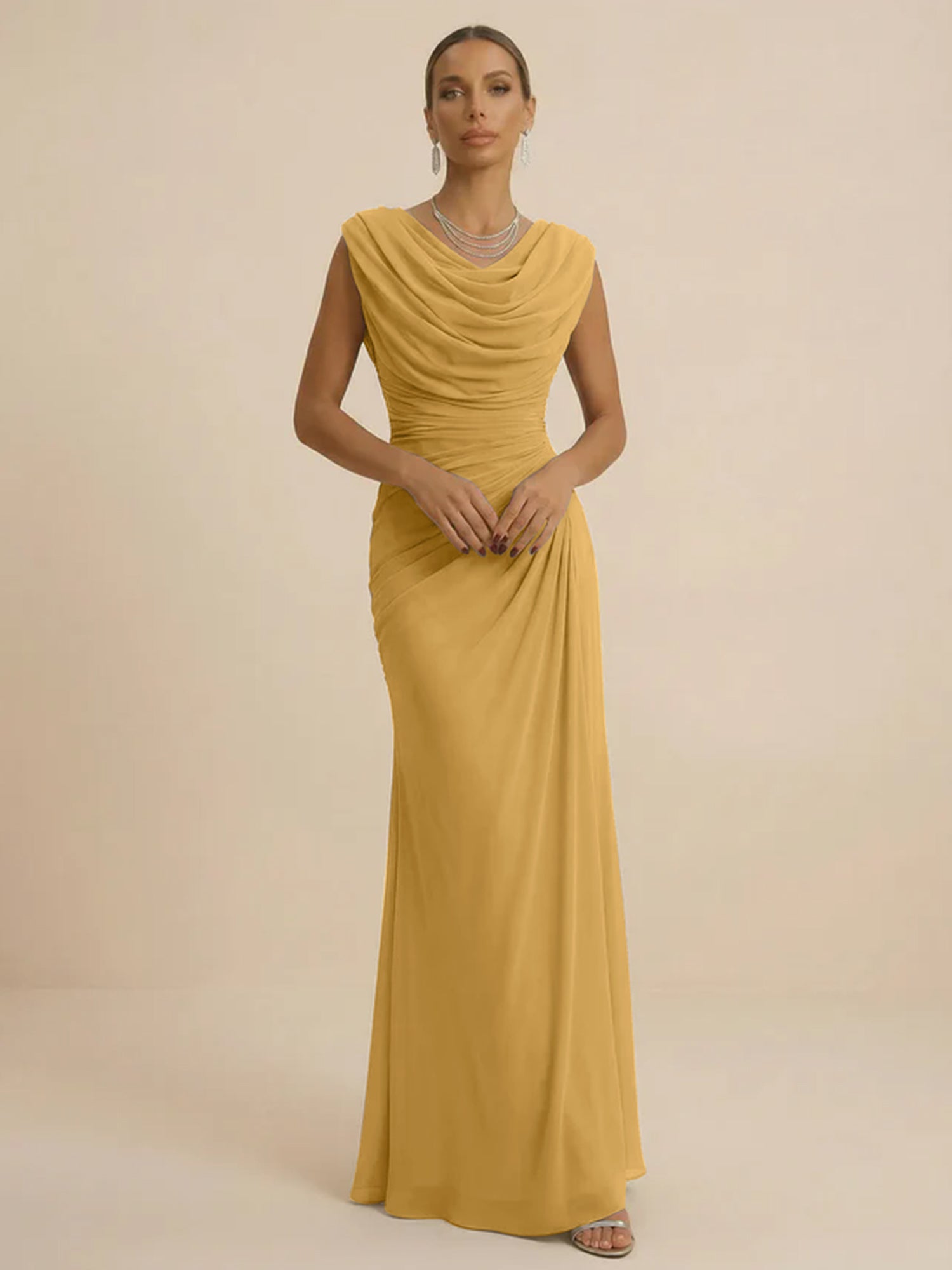 Dusty Grey Draped Cowl Neck Ruched Chiffon Evening Dresses
