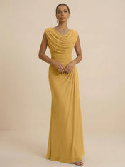 Dusty Grey Draped Cowl Neck Ruched Chiffon Evening Dresses