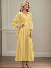 A-line V-Neck Ankle-Length Chiffon Mother of the Bride Dress With Sequins Appliques Lace Beading