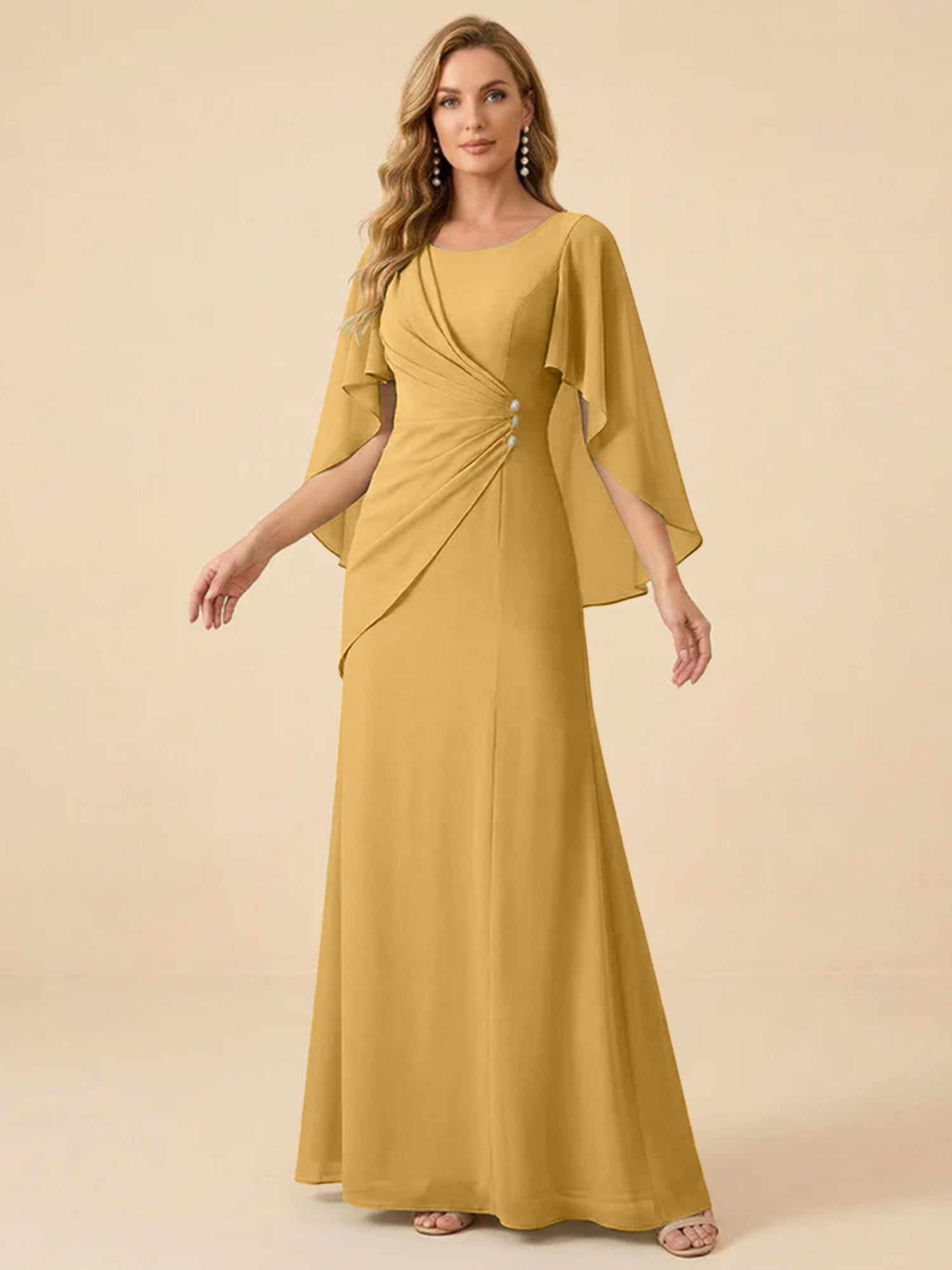 Sage Green Chiffon Beaded Mother of the Bride Dress with Cape Sleeves