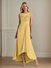 Champagne A-Line Scoop Lace Chiffon Dress