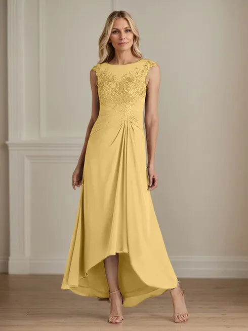 Champagne A-Line Scoop Lace Chiffon Dress