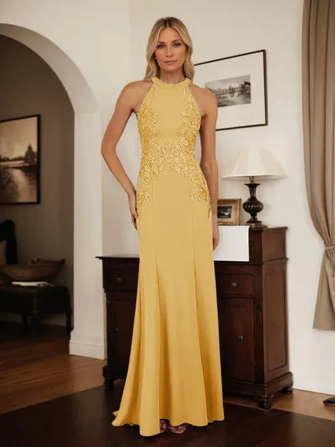 Dreamylily Dusty Blue Sheath Halter Long Mother of Bride Dress With Appliques Dreamylily Dusty Blue Sheath Halter Long Mother of Bride Dress With Appliques