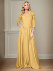 A Line Chiffon V Neck 3/4 Sleeves Floor-Length Mother Of The Bride Dress With Appliques
