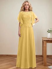 A-line Scoop Illusion Floor-Length Lace Chiffon Mother of the Bride Dress With Sequins