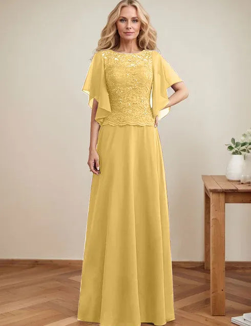 A-line Scoop Illusion Floor-Length Lace Chiffon Mother of the Bride Dress With Sequins