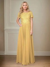 A Line Chiffon Boat Neck Short Sleeves Floor Length Pleated Mother of the Bride Dresses