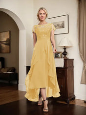 A-line Scoop Illusion Asymmetrical Chiffon Lace Mother of the Bride Dress With Bow Ruffle Sequins