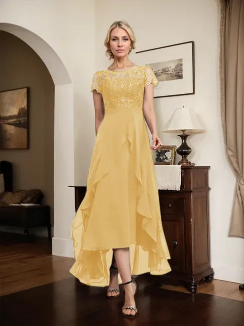 A-line Scoop Illusion Asymmetrical Chiffon Lace Mother of the Bride Dress With Bow Ruffle Sequins