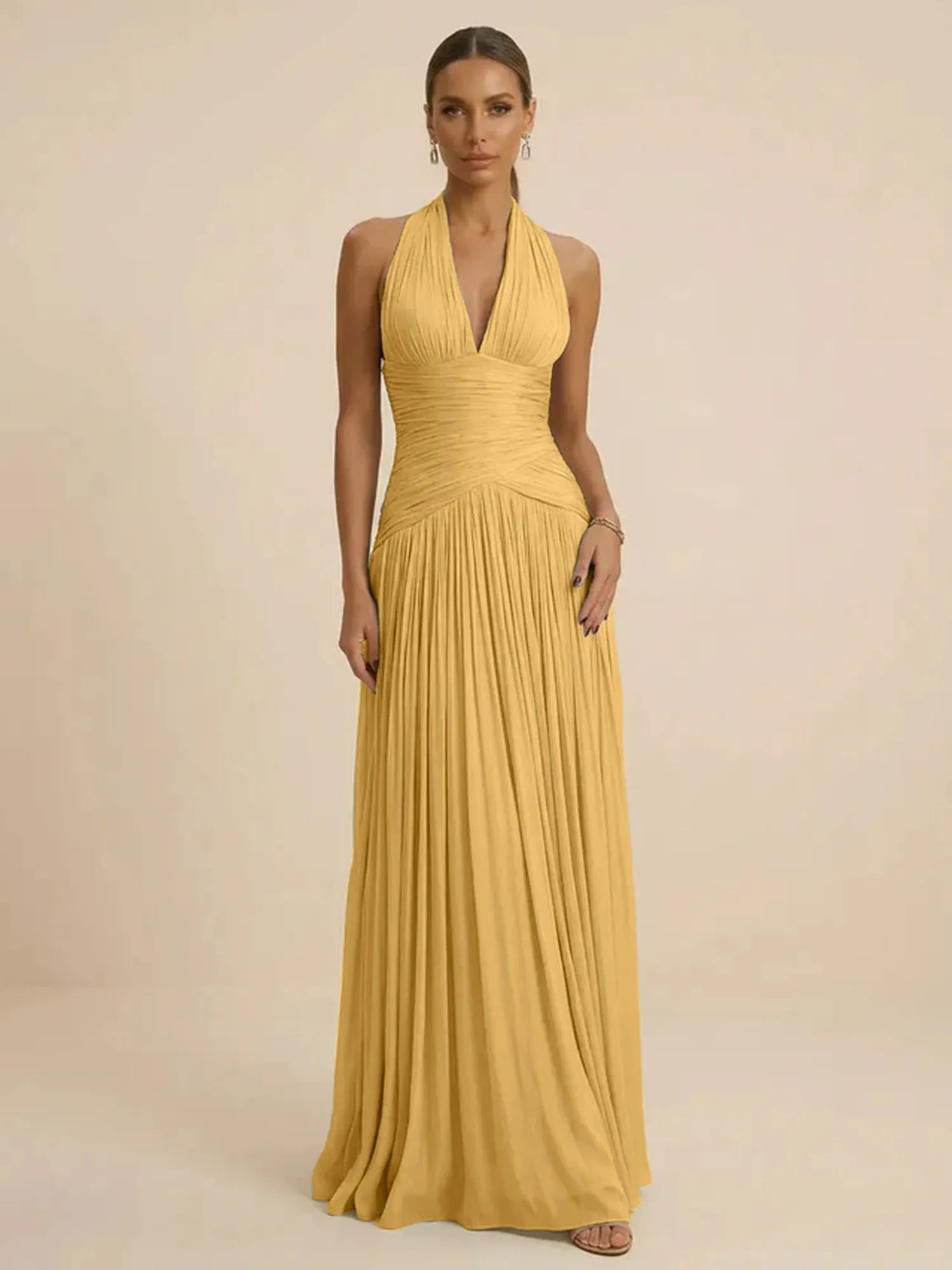Sage Green Halter Neck Pleated Chiffon Evening Gown with Ruched