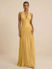 Sage Green Halter Neck Pleated Chiffon Evening Gown with Ruched