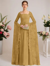 A-line Square Floor-Length Chiffon Lace Evening Dress With Beading Pleated