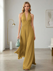 Elegant Sage Green Halter Chiffon Maxi Gown