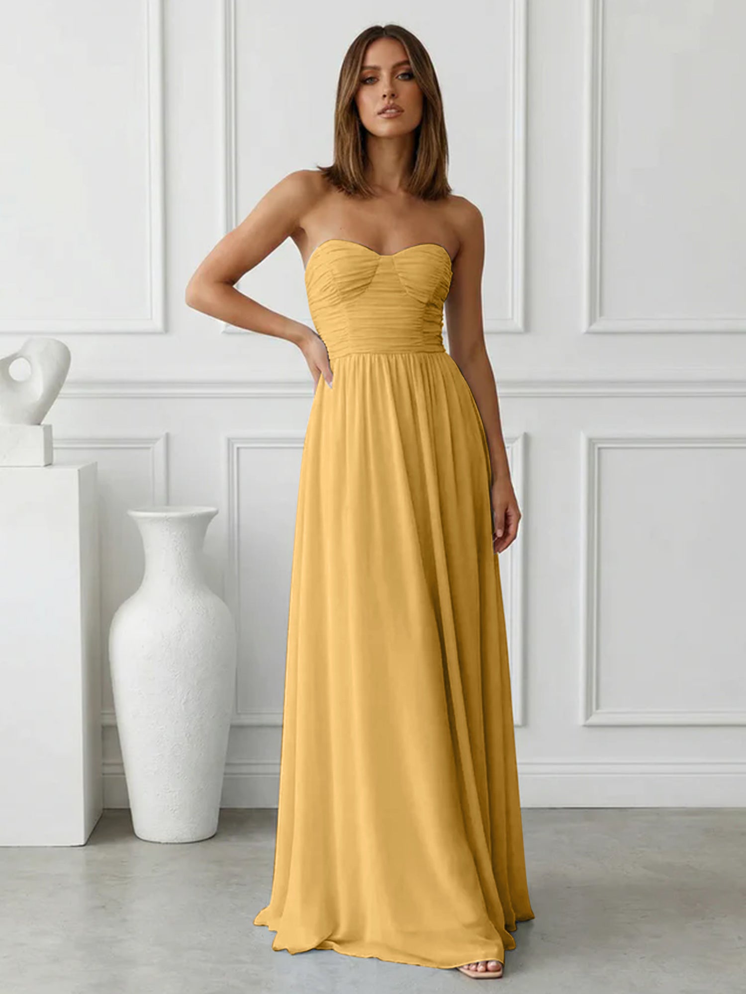 Light Blue Sweetheart Chiffon A Line Maxi Dress with Pleat