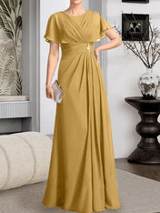 A-line Scoop Floor-Length Chiffon Mother of the Bride Dress With Pleated Beading