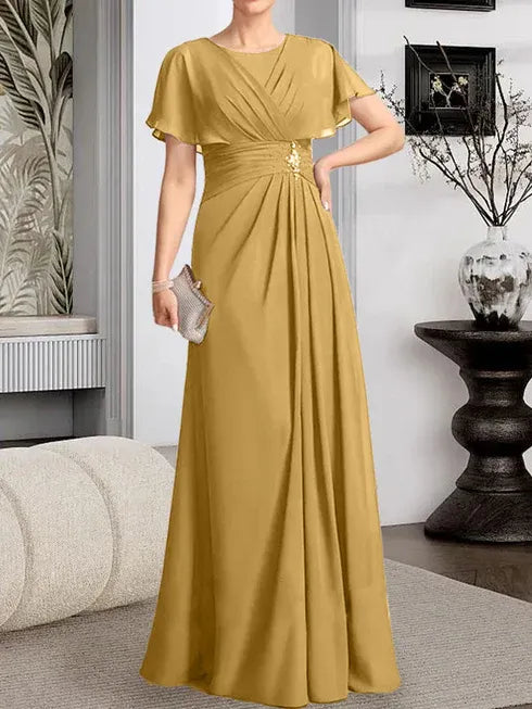 A-line Scoop Floor-Length Chiffon Mother of the Bride Dress With Pleated Beading