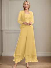 Separates Jumpsuit/Pantsuit Square Ankle-Length Lace Chiffon Mother of the Bride Dress With Sequins