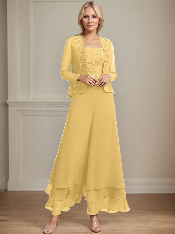 Robe de mère de la mariée en mousseline de soie, longueur cheville, avec sequins, combinaison/tailleur carré 