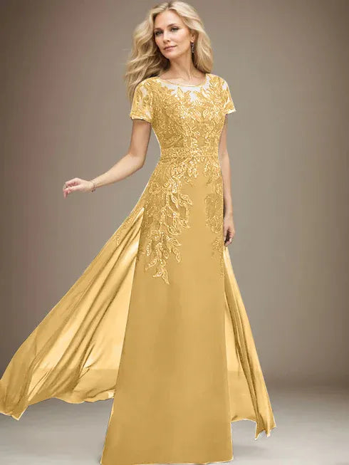 Column Scoop Illusion Floor-Length Lace Chiffon Mother of the Bride Dress With Sequins