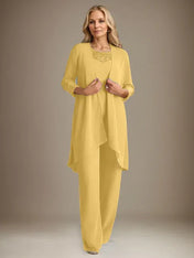 Chiffon Scoop Long Sleeves Mother Of The Bride Pantsuits With Jacket