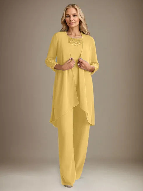 Chiffon Scoop Long Sleeves Mother Of The Bride Pantsuits With Jacket