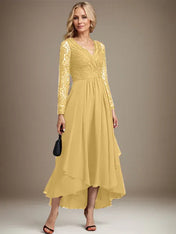 A-line V-Neck Asymmetrical Lace Chiffon Mother of the Bride Dress