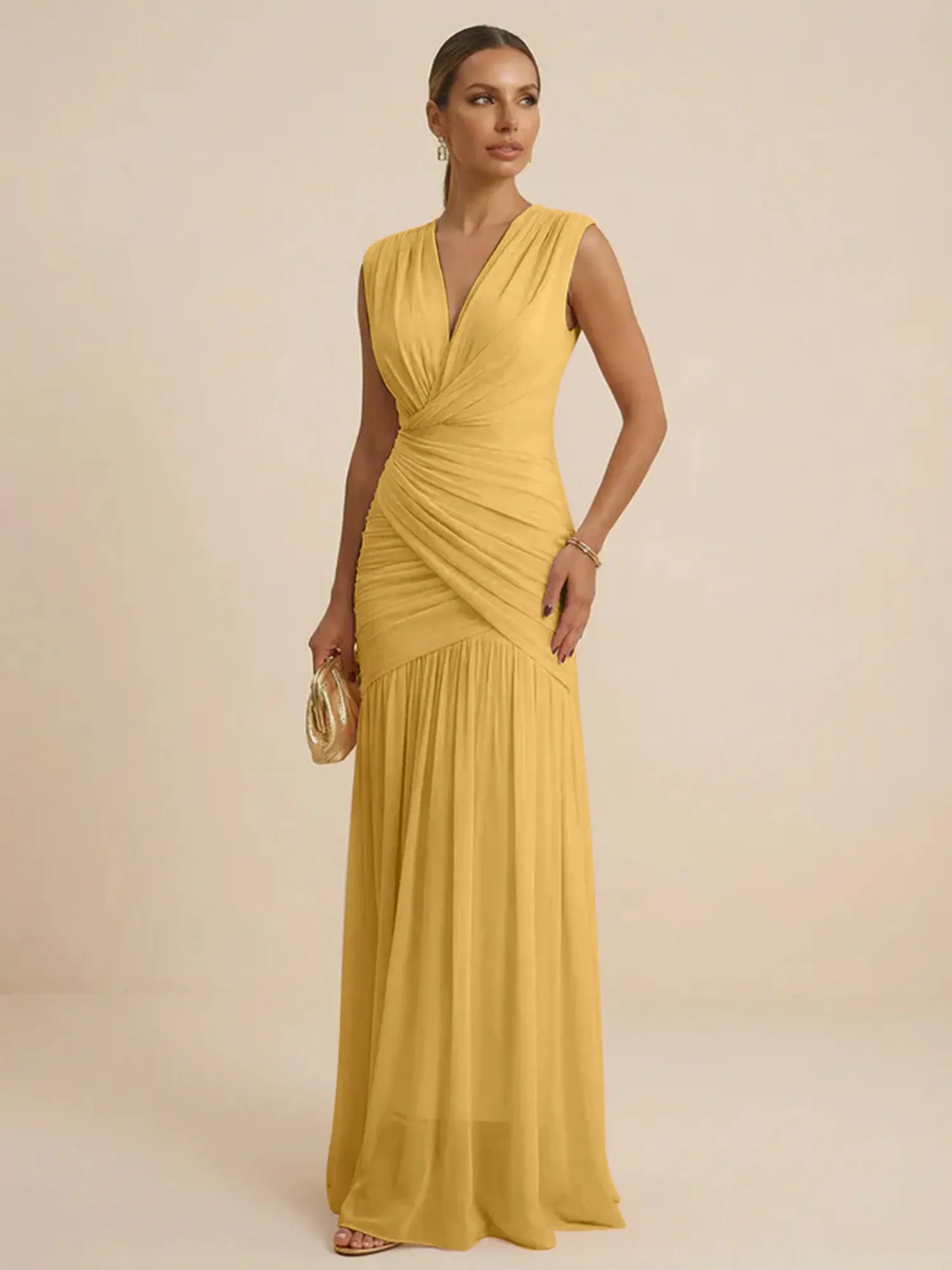 Pink Regular Straps V Neck Chiffon Pleat Mermaid Maxi Dress