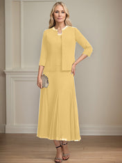 Separates A-line Scoop Tea-Length Chiffon Mother of the Bride Dress With Sequins Beading