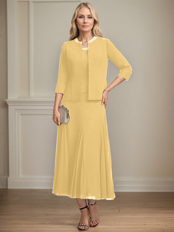 Separates A-line Scoop Tea-Length Chiffon Mother of the Bride Dress With Sequins Beading