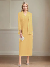 Sheath/Column Chiffon V Neck 3/4 Sleeves Tea Length Mother Of The Bride Dress