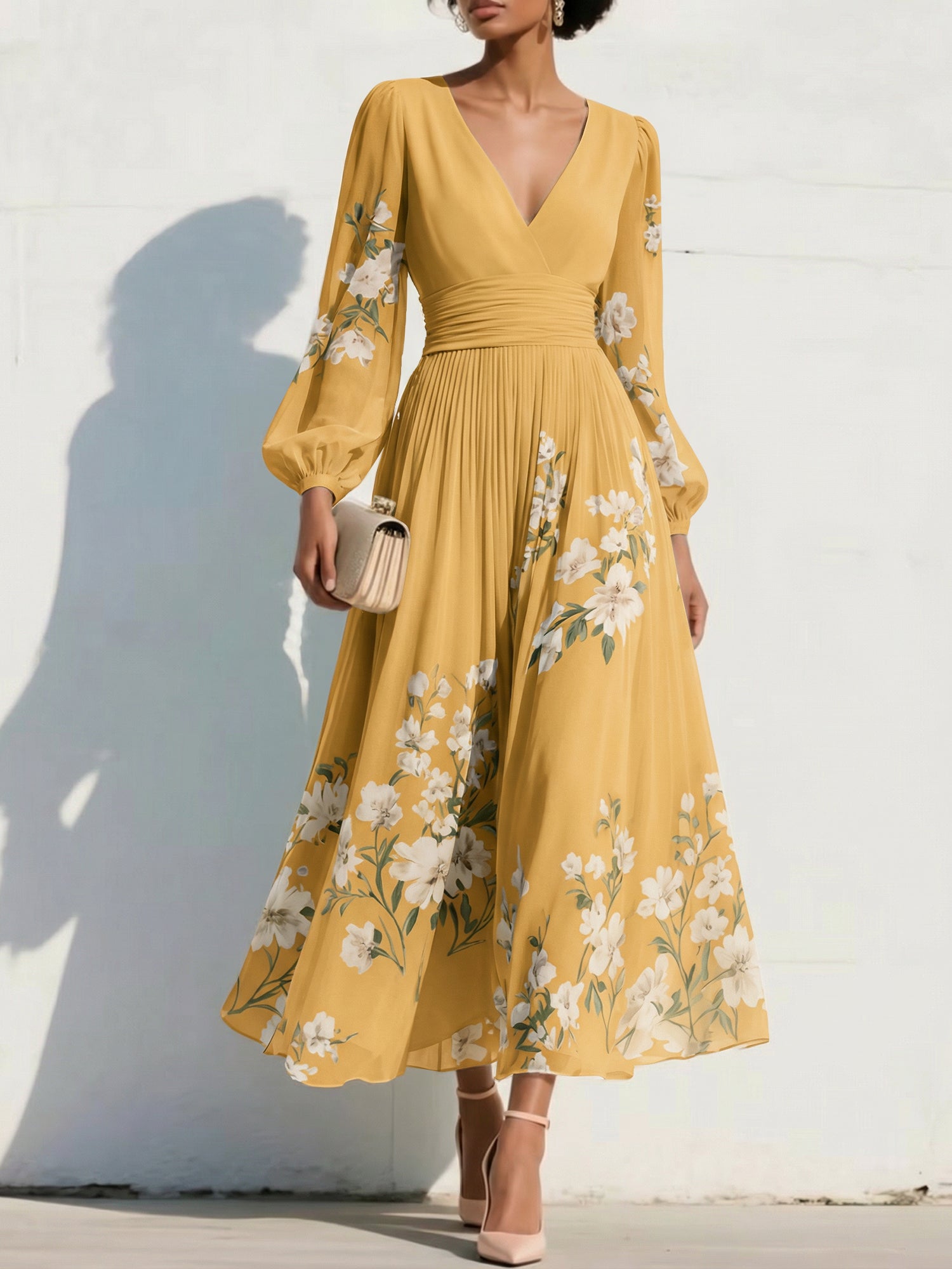 Elegant Floral V-Neck Pleated Midi Dress with Long Sleeves