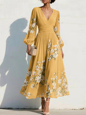 Elegant Floral V-Neck Pleated Midi Dress with Long Sleeves