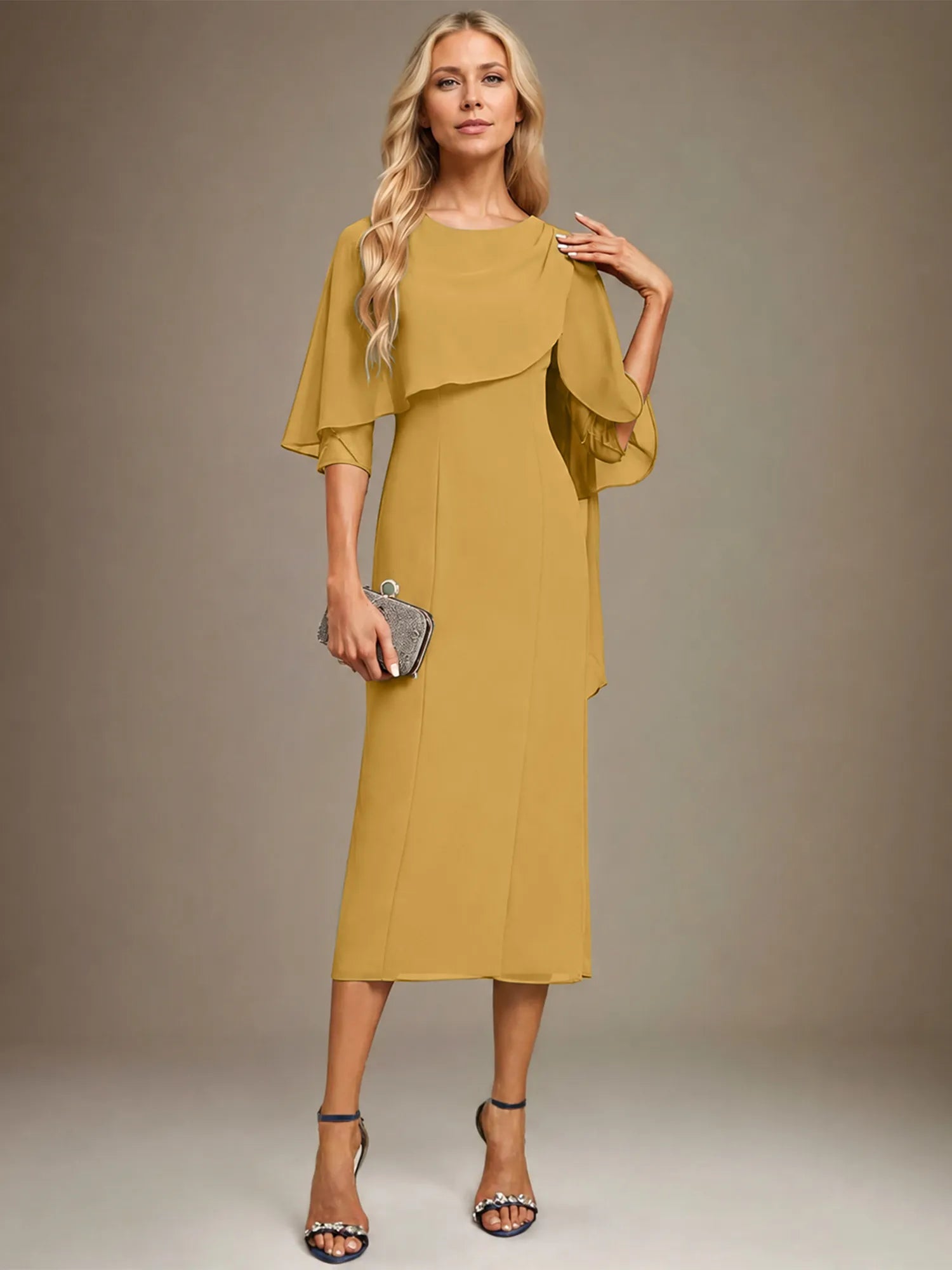Column Scoop Tea Length Chiffon Dress With Pleated Beading