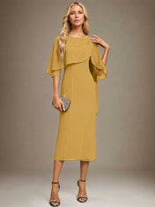 Sheath/Column Scoop Tea Length Chiffon Dress With Pleated Beading