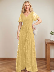 A-Line V-Neck Asymmetrical Lace Mother of the Bride Dress With Cascading Ruffles