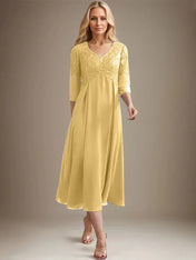 A-line V-Neck Tea-Length Chiffon Lace Mother of the Bride Dress With Beading