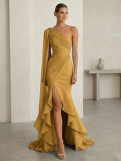 Glamorous Midnight Navy Formal Evening Dress One-Shoulder Ruched Cape Gown