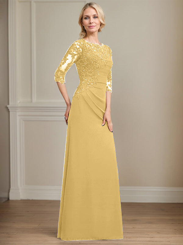 A-line Scoop Floor-Length Chiffon Lace Mother of the Bride Dress With Beading Pleated Sequins