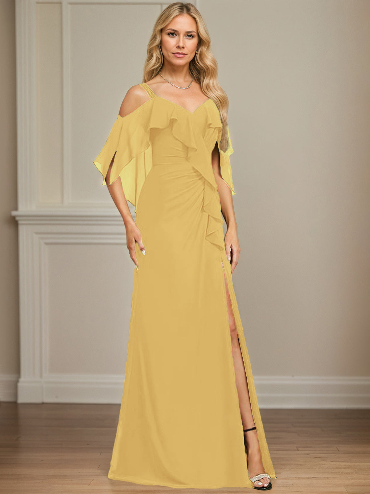 Column Cold Shoulder V-Neck Floor-Length Chiffon Dress With Cascading Ruffles Sequins Beading